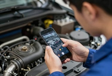 Mechanic performing professional car diagnostics using a digital tablet inside a modern vehicle.