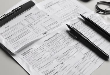 A neatly arranged setup featuring tax documents on top of a light-colored folder. An envelope and a sticky note are placed on the left side. A black pen is positioned near the paperwork. A coffee cup sits above the documents, suggesting a moment of work or review.