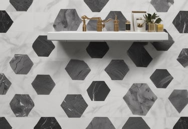 A modern interior with a sleek, glossy cabinet and a display of colorful samples on the wall. The setting is well-lit with natural light coming through a large window, and the decor is minimalistic and polished.