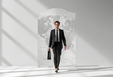 a man in a suit and tie walking down a white floor