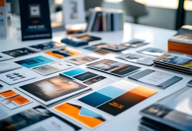 a table with a lot of different types of business cards