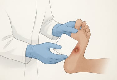 a medical professional applying a superabsorbant dressing onto a heavily exudating foot wound