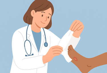 a medical professional pulling a bandage off a healed diabetic foot ulcer