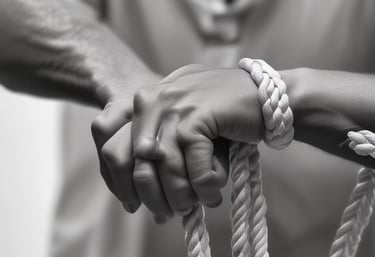 A man with a rope tied around his wrists.
