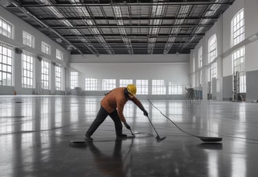 An interior space appears to be under renovation, featuring a large, decorative marble wall with an intricate pattern. Scaffolding, tools, and materials are scattered throughout the room, including a cart, power tools, and a table. The room is lit by natural light coming through large windows, adding to the sense of openness.