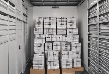 An empty truck interior with wooden floorboards is visible. Several cardboard boxes labeled 'Lowe's' are stacked neatly along the back of the truck. A green-wrapped item, possibly furniture, is secured at the side with a moving blanket partially covering it. There is a black and blue moving blanket and a green strap on the ground.