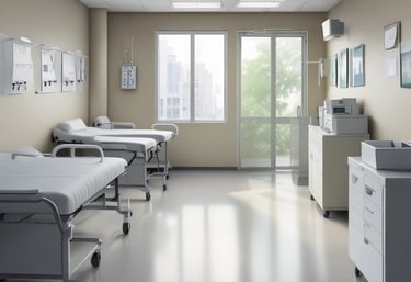 A hospital room with blue walls and a reflective floor. An empty hospital bed is positioned against the wall, surrounded by medical equipment and monitors. The lighting is bright, creating a clean and sterile environment.