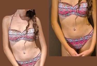 a woman in a bikinisuit and a bikini top showing selftanning lotion effect