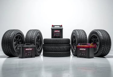a group of tires with a battery and batteries