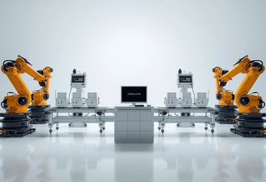 a group of robots that are standing in front of a laptop