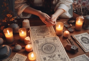 A person holding a deck of tarot cards with a colorful and abstract design on the top card. The person wears bracelets and has a tattoo of a bird on their arm. A cup with a saucer is placed on the wooden table beside them.