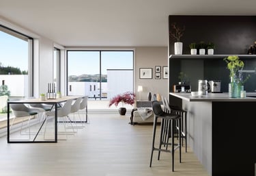 a kitchen with a table and chairs and a table