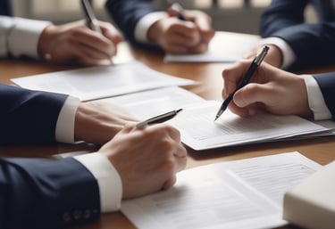 A hand is pointing to a digital interface displaying translucent images of business professionals. In the background, there are blurred figures of people standing in what appears to be a modern office or public space.
