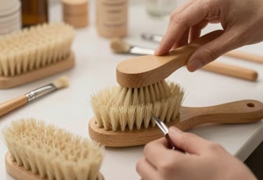 Close-up of skilled hands crafting natural bristle brushes in a warm, wooden workshop.
