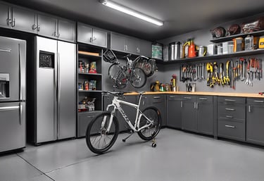 a bicycle parked in a garage with a bicycle