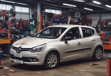 Renault Clio ayant eu un accident s'apprête a être réparé en carrosserie et peinture