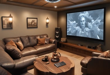 A cozy home theater setup with people lounging on couches and covered in blankets. They are watching a large screen with an animated robot character displayed. The space includes a projector on a table and dim ambient lighting, with a decorative deer head mounted on the wall.