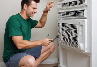 a man in a green shirt is cleanning a air conditional