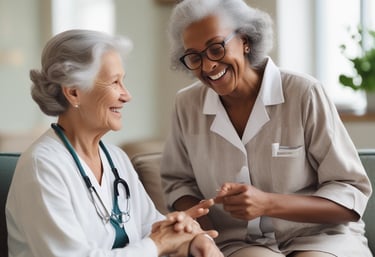 An elderly person with gray hair sits in a red wheelchair on a paved path, surrounded by greenery and buildings in a peaceful outdoor setting.