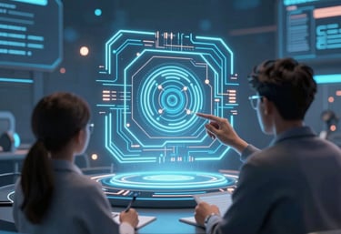 A stylized silhouette of a human head made up of circuit-like patterns on the left. Beside it, abstract geometric shapes resembling interconnected circuit components, suggesting technology and artificial intelligence themes.