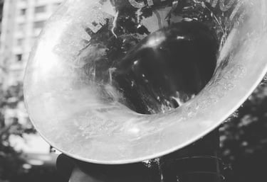 a man with a sousaphone tuba, brass band, portland oregon, mardi gras, new orleans music