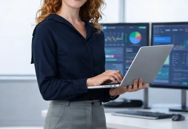 A smiling female data analyst using a laptop in a modern office with financial charts on dual monitors.