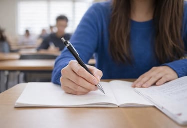 A student in a blue sweater writes notes in a notebook with a pen during a university lecture.