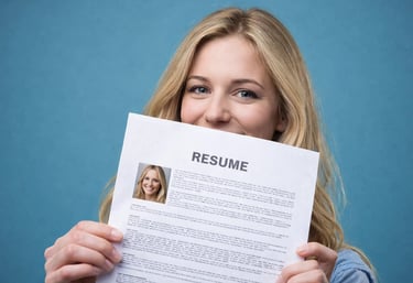 A blonde woman smiling while holding her professional resume for a job application or career interview.
