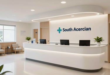 A bright and airy South American medical clinic reception area, showing modern design, clean lines, and a professional, welcoming atmosphere.