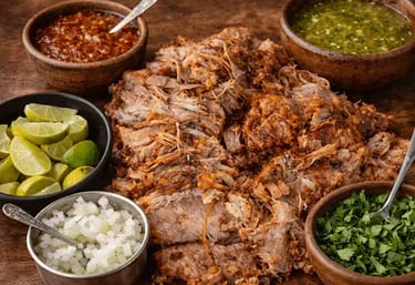Barbacoa de res tradicional con salsa, cebolla, cilantro y limones en Querétaro.