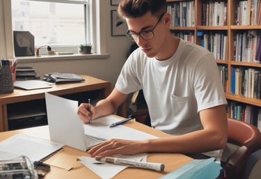 A young student thoughtfully writing a personal statement in a sunlit room.