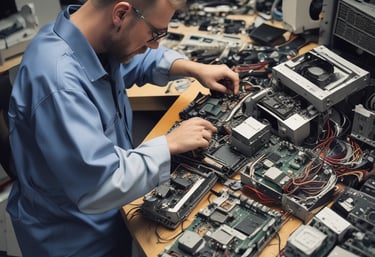A friendly technician carefully sorting electronic waste in a bright, clean facility.