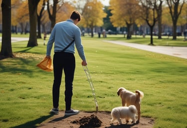A friendly Troopers Scoopers team member scooping pet waste in a sunny backyard.