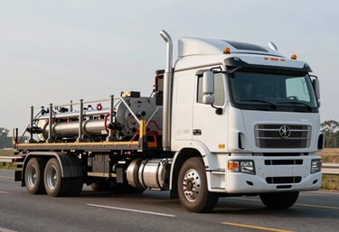 A high-quality flatbed truck hauling industrial equipment on a North American highway, power and efficiency emphasized in the composition.