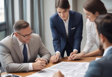 A cityscape with a real estate sign in the foreground, prominently displaying the name and phone number. Surrounding the sign are various buildings with different architectural styles, some with scaffolding and green netting. The scene features a mix of older, worn structures alongside modern glass-fronted buildings. Power lines and construction materials add to the urban complexity.