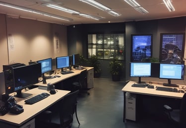 A dimly lit room features a prominent illuminated sign displaying the words 'Sysco LABS.' Below the sign are office desks with various electronic devices, including laptops and cables. The lighting creates a cool and professional atmosphere.