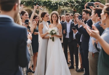 A photographer is capturing a bride and groom standing together outdoors. The couple is slightly out of focus, while the camera and photographer are closer to the viewer. Tall trees create a natural archway in the background.