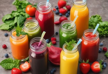 A vibrant fruit juice stall featuring a display of stacked mangoes and pineapples. Several blenders are visible in the background along with a collection of colorful cups. A person stands to the side, ready to serve customers.