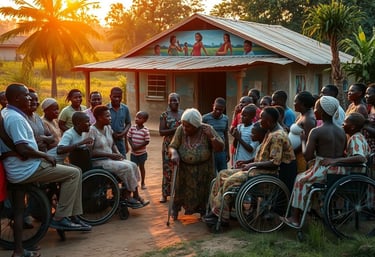 a group of people in wheelchairs and wheelchairs in front of a small building