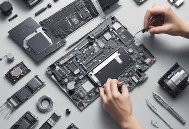 A sign for 'Shallom Komputer' is displayed prominently on the facade of a building, surrounded by lush green trees. The sign offers information about services related to hardware, software, networking, and accessories. The building features several rectangular windows and air conditioning units.