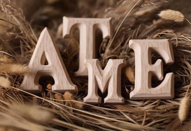 Holzbuchstaben ATME auf Gräsern um besser Abschied nehmen zu können