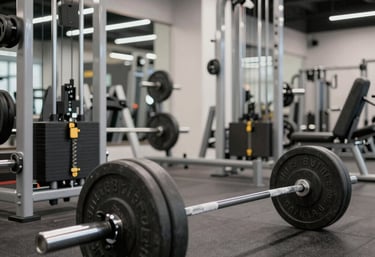 A woman with blonde hair is engaged in a workout, lifting a dumbbell with a focused expression. She is wearing a camouflage sports bra, and her muscles are visibly toned. The setting is a dimly lit gym with various workout equipment visible in the background.