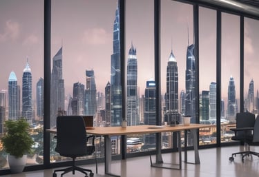 A person with short hair is sitting on an office chair, wearing a headset and a yellow shirt, while facing a computer screen. The desk is organized with two laptops, a keyboard, several potted plants, a desk lamp, and some electronics. The room has natural lighting coming from a window with wooden slats.