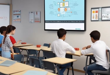 A classroom scene where a student seated at a desk is using a tablet with an external keyboard. The student is wearing headphones. In the background, other students are also using tablets and working at their desks. The classroom has educational posters on the walls and a whiteboard at the front.