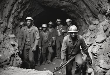 A group of diverse workers collaborating on a mining site, showcasing teamwork and safety.