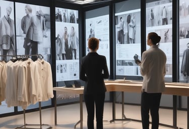 A storefront display featuring an arrangement of clothing items on mannequin and racks. A mannequin is dressed in a light-colored hoodie and sweatpants, surrounded by folded and hanging clothes. The background consists of a plain-textured wall with signage promoting sustainably sourced cotton. The silhouette of a person in a hat is visible in the foreground.