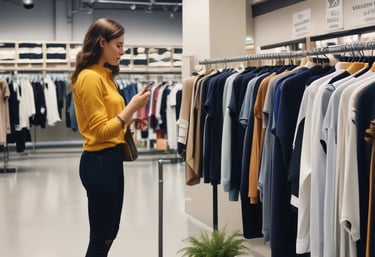 A storefront display featuring an arrangement of clothing items on mannequin and racks. A mannequin is dressed in a light-colored hoodie and sweatpants, surrounded by folded and hanging clothes. The background consists of a plain-textured wall with signage promoting sustainably sourced cotton. The silhouette of a person in a hat is visible in the foreground.