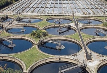 A water purification facility showing the carbon filtration ponds