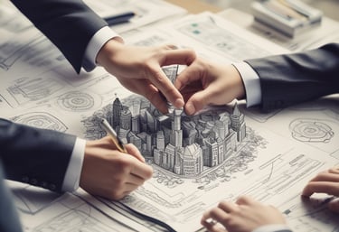 A diverse team of professionals collaborating over financial graphs and project plans.