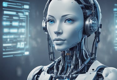 Large blue letters 'AI' stand prominently on a surface covered with a pattern of hexagonal shapes. Dark swirling lines intersect around the letters, creating a sense of motion and complexity. The background has a metallic sheen with a futuristic, digital style.